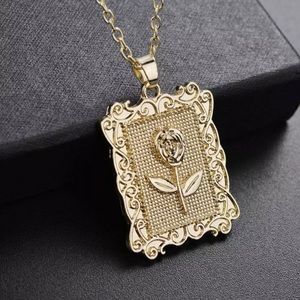 Rose Flower Square Gold Chain Portrait Pendant
